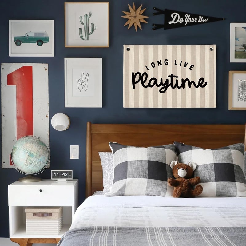 ShowDraven Playroom Decor, Long Live Playtime Wall Hanging Linen Banner, Blue Striped Wall Flag for Kids Room Nursery Playroom Decor, 20x30 Inch-Black - Image 4